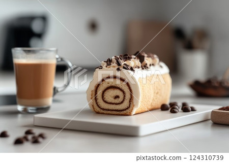 Chocolate swiss roll on counter with coffee glass. Neural network AI generated 124310739