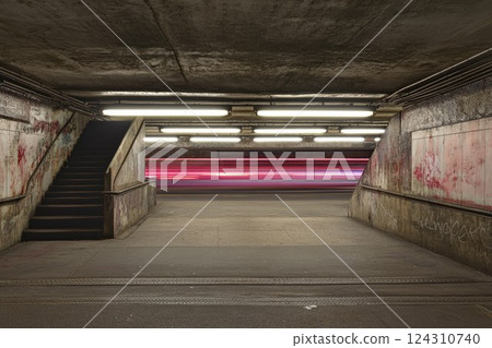 Dynamic light trails in urban tunnel at night. Neural network AI generated 124310740