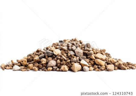 Pile of mixed gravel isolated on crisp white background. Neural network AI generated 124310743