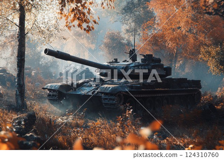 Powerful tank in action on battle field with explosions. Neural network AI generated 124310760
