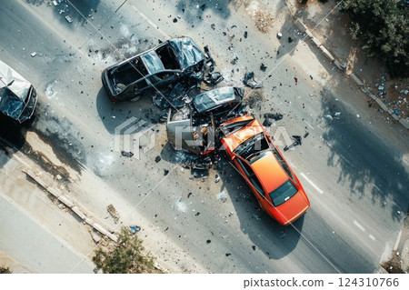 Aerial view of car collision on open road. Neural network AI generated 124310766