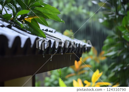 Rain-soaked roof and branch in serene garden. Neural network AI generated 124310790
