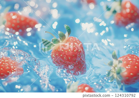 Fresh strawberries in sunlit rippling water. Neural network AI generated Fresh strawberries in sunlit rippling water. Neural network AI generated 124310792