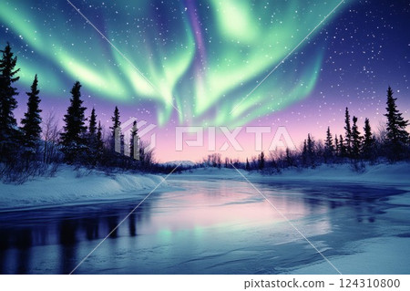 Northern lights over snowy forest and frozen lake at night. Neural network AI generated 124310800
