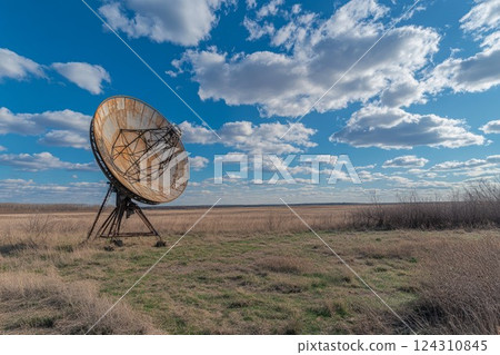 Large satellite dish in field under blue sky with clouds. Neural network AI generated 124310845