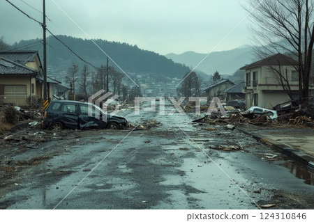 Abandoned car submerged in flooded street after disaster. Neural network AI generated 124310846