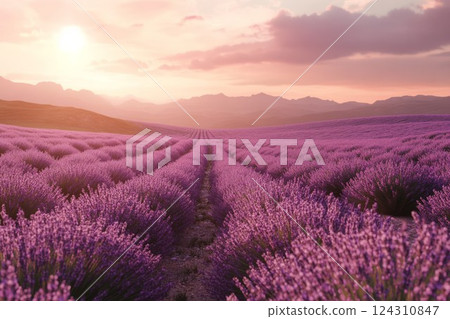 Lavender fields in full bloom with mountain backdrop. Neural network AI generated 124310847