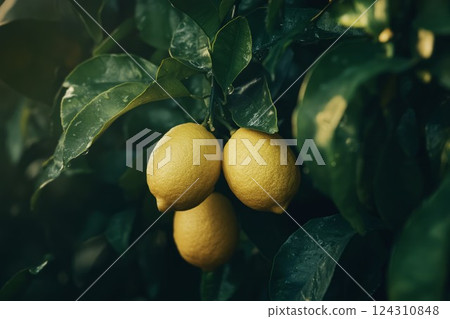 Sunlit lemons on tree with soft focus background. Neural network AI generated 124310848