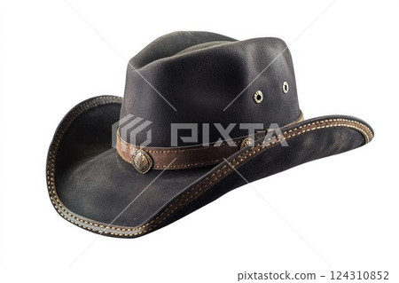 Black cowboy hat with wide brim on white background. Neural network AI generated 124310852