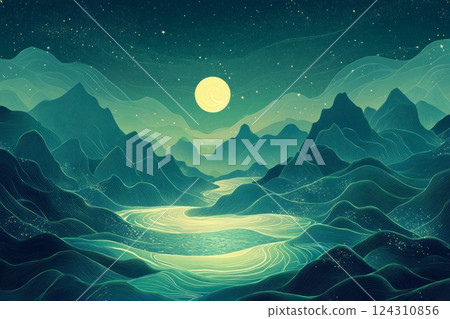 Enchanted landscape night scene with planets and moons. Neural network AI generated 124310856