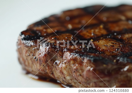 Juicy grilled steak close-up on white background. Neural network AI generated 124310880
