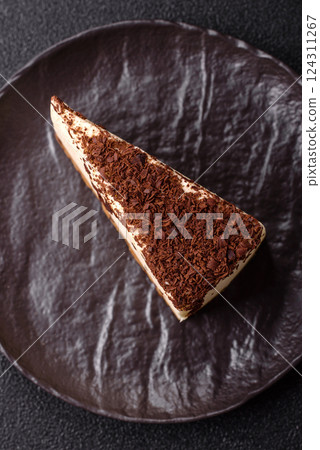 Delicious sweet piece of cheesecake with mascarpone cheese Delicious sweet piece of cheesecake with mascarpone cheese 124311267