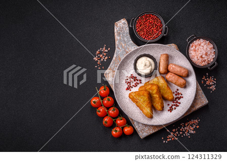 Hash browns with potatoes and onions, salt and spices Hash browns with potatoes and onions, salt and spices 124311329