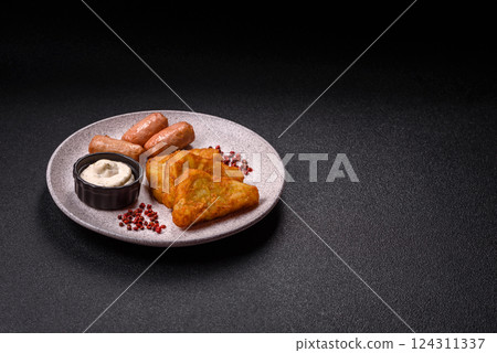 Hash browns with potatoes and onions, salt and spices Hash browns with potatoes and onions, salt and spices 124311337