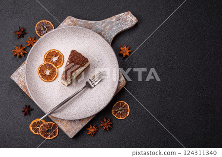 Delicious sweet piece of cheesecake with mascarpone cheese Delicious sweet piece of cheesecake with mascarpone cheese 124311340