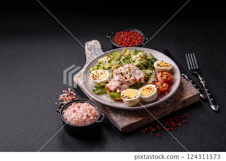 Healthy breakfast consisting of boiled eggs, slices of ham, tomatoes, green beans, aioli sauce Healthy breakfast consisting of boiled eggs, slices of ham, tomatoes, green beans, aioli sauce 124311573