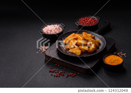 Baked potato wedges with cheese and herbs on a dark background Baked potato wedges with cheese and herbs on a dark background 124312049