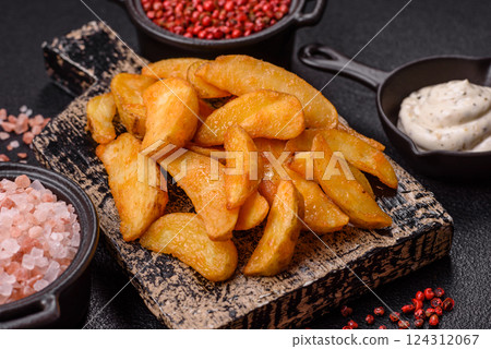 Baked potato wedges with cheese and herbs on a dark background 124312067