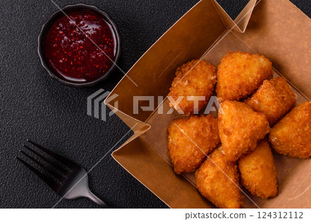 Brie cheese or camembert fries in breading, fast food, takeaway 124312112