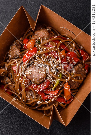 Delicious spicy Asian food soba with buckwheat noodles, beef, vegetables Delicious spicy Asian food soba with buckwheat noodles, beef, vegetables 124312281