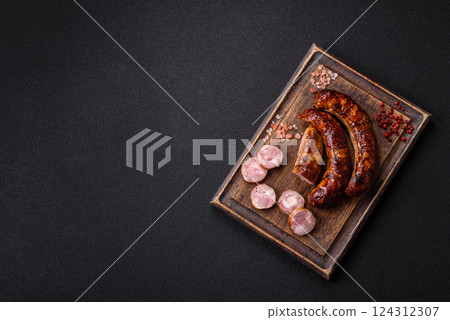 Delicious sausage with salt, spices and herbs 124312307