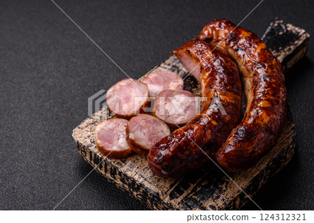 Delicious sausage with salt, spices and herbs Delicious sausage with salt, spices and herbs 124312321