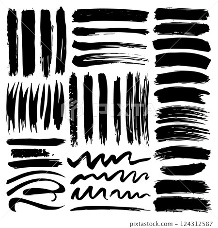 A collection of abstract ink lines, waves, and strokes with a rough texture. Great for creative projects and digital illustrations. 124312587