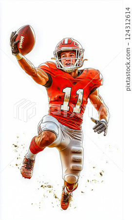 Athlete jumps in air catching football ball during intense American football match, vertical poster with dynamic frozen action shows passion and determination in competitive sports moments sports 124312614