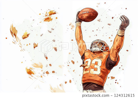 Athlete catches ball, dynamic moment of American football match, vibrant energy and athleticism in powerful sports scene, copy space to describe teamwork and achieving goals in football and life 124312615