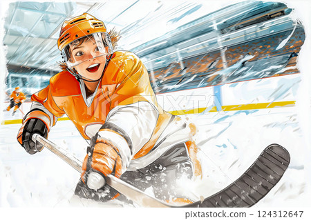 Happy young athlete during hockey match, bright energy and impeccable technique convey dynamic spirit of hockey, triumphant moment hockey player makes winning shot, concept popularization of sport Happy young athlete during hockey match, bright energy and impeccable technique convey dynamic spirit of hockey, triumphant moment hockey player makes winning shot, concept popularization of sport 124312647