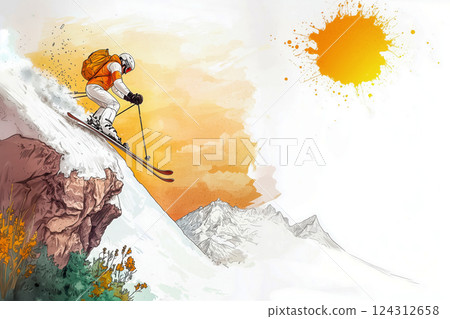 Skier descending from a mountain peak, early spring in the mountains and bright spring sun, watercolor painting about the spirit of adventure and love for alpine skiing and mountains 124312658