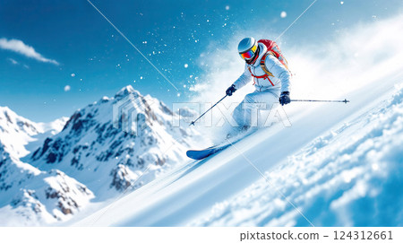 Freeride, skier in white overalls descends a snowy slope of high cliffs, dynamic moment of downhill skiing movement highlights control and athleticism during an adrenaline-filled winter adventure Freeride, skier in white overalls descends a snowy slope of high cliffs, dynamic moment of downhill skiing movement highlights control and athleticism during an adrenaline-filled winter adventure 124312661