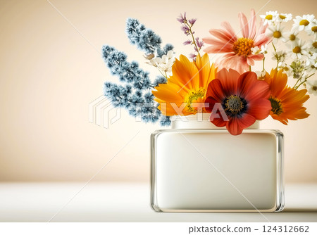 glass bottle filled with spring flowers on a beige neutral background, the concept of spring fragrances and renewal of nature, an idea for a poster about spring seasonal sales glass bottle filled with spring flowers on a beige neutral background, the concept of spring fragrances and renewal of nature, an idea for a poster about spring seasonal sales 124312662