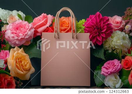 Simple and stylish paper bag made of recycled materials on background blooming flowers, modern aesthetics inspired nature, minimalism conscious consumption during sales season, copy space for text Simple and stylish paper bag made of recycled materials on background blooming flowers, modern aesthetics inspired nature, minimalism conscious consumption during sales season, copy space for text 124312663