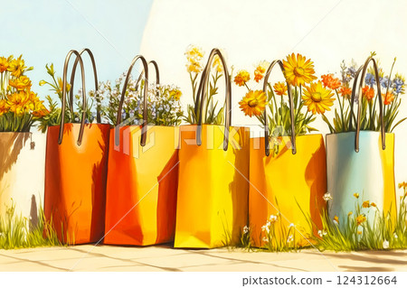 Paper bags with delicate summer flowers, the concept of the perfect eco-friendly gift wrap, spring sale idea for garden decor and home decoration for summer and spring, poster about seasonal sales Paper bags with delicate summer flowers, the concept of the perfect eco-friendly gift wrap, spring sale idea for garden decor and home decoration for summer and spring, poster about seasonal sales 124312664