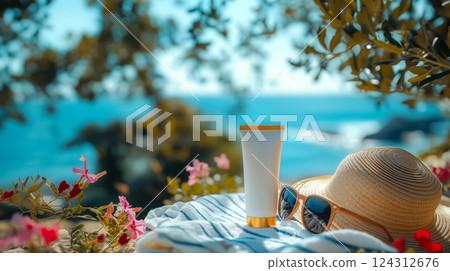 Minimalist tube of sunscreen on a soft striped towel, next to a straw hat and sunglasses Summer beach vacation, sun protection and skincare, and tropical travel essentials for warm destinations 124312676