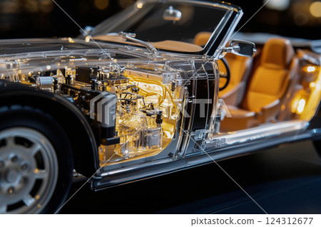 close-up of detail of electric car designed in vintage style, realistic anatomy of car, 3D visualization detailed diagrams of intertwined engineering networks of car, poster about development of cars 124312677