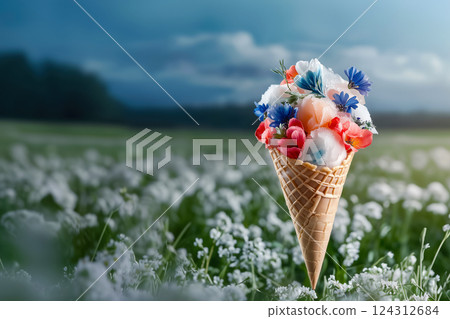 Waffle cone with floral ice cream on background of a blooming spring field, refreshing ice cream dessert in the hot summer season, copy space with concept of culinary art and delicate craft desserts Waffle cone with floral ice cream on background of a blooming spring field, refreshing ice cream dessert in the hot summer season, copy space with concept of culinary art and delicate craft desserts 124312684