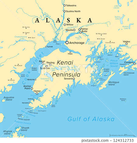 Anchorage and Kenai Peninsula, Alaska, political map. Alaskas most populous city Anchorage, and south of it Kenai Peninsula, separated from the mainland between Cook Inlet and Prince William Sound. 124312733