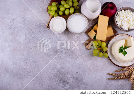 Judaic holiday Shavuot concept. Tzfat cheese and dairy products Judaic holiday Shavuot concept. Tzfat cheese and dairy products 124312805