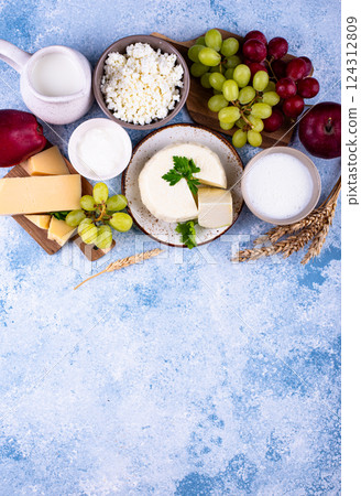 Judaic holiday Shavuot concept. Tzfat cheese and dairy products 124312809