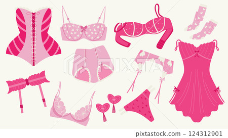 Pink coquettish woman lingerie. Bra, panties, corset, stockings, garters. 124312901