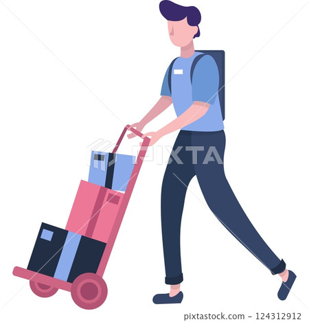 Man pushing trolley cart with parcel vector 124312912