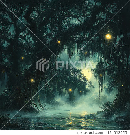 Moonlight filters through the mossy trees of a serene bayou, casting a magical glow over the tranquil waters. 124312955