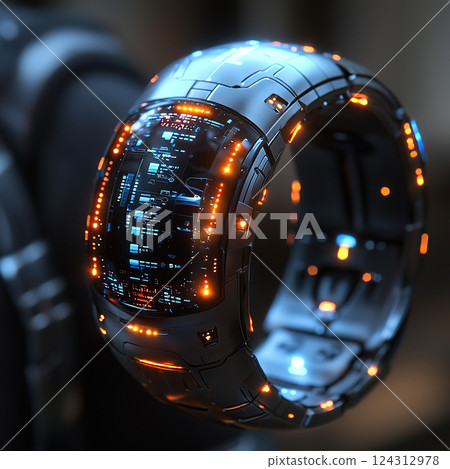 Illuminated technology ring reveals a complex circuit design, representing connectivity and future innovations. 124312978