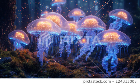 Luminous jellyfish create a captivating glow as they drift through an enchanted forest. 124313003