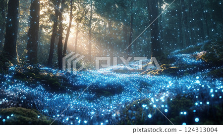A breathtaking view of a magical forest floor illuminated by soft, glowing blue lights at dusk. 124313004