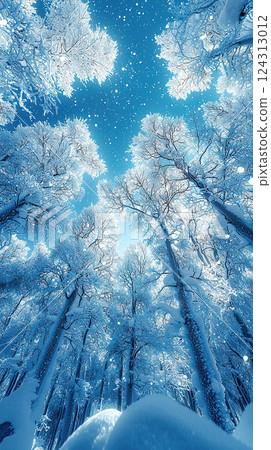 Looking up through snow-covered trees reveals a magical, wintery forest against a soft blue sky. 124313012