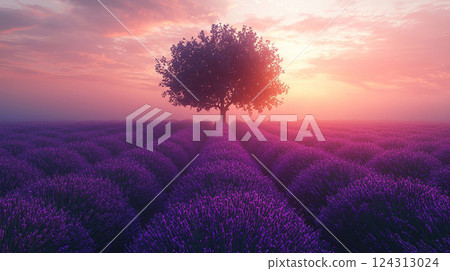 A single tree stands majestically in a vibrant lavender field as the sun sets painting the sky in pink. 124313024