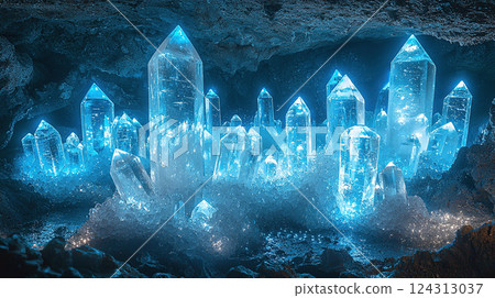 A stunning array of illuminated blue quartz crystals nestled in a dark and mysterious cave. 124313037
